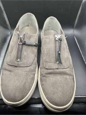 Madden Girl Taupe Suede Slip-On Loafers with Front Zipper